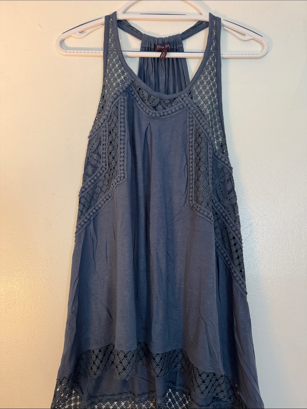 Olivia Sky Slate Blue Crochet-Trim Halter Tank